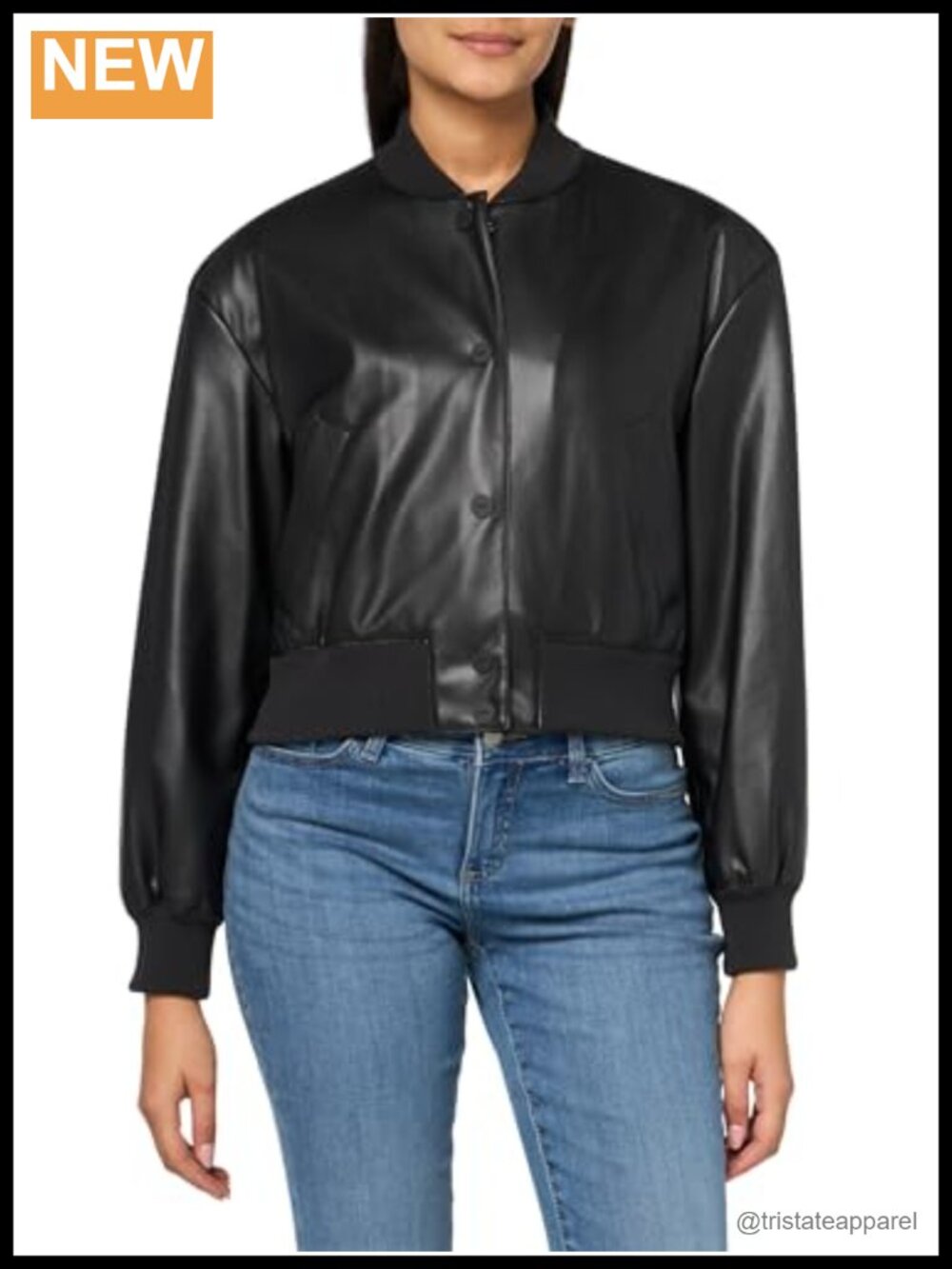 Women's Snap Button Leather Bomber Jacket Long Sleeve